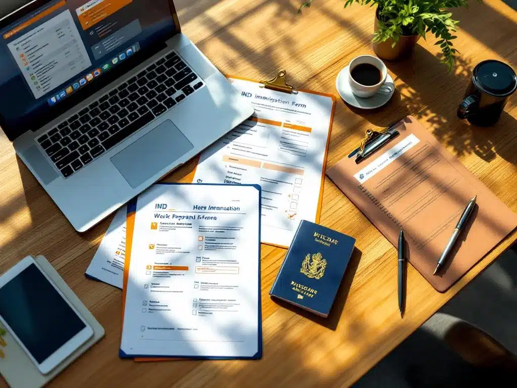 Nederlands paspoort met werkvergunning en IND-documenten op modern bureau met laptop en koffie