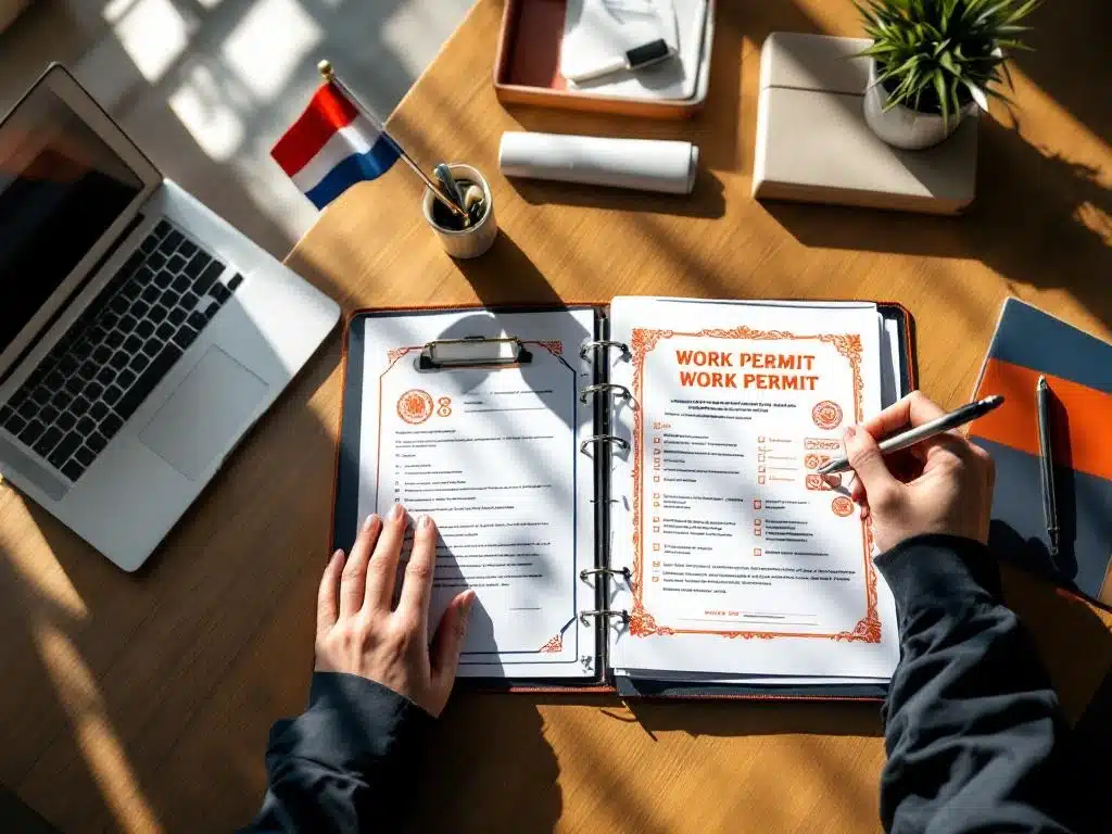Nederlandse werkvergunning documenten op bureau met professionele handen die compliance checklist organiseren


---

**Token Tracking:**
Prompt: ~250 tokens
Response: ~20 tokens
Total: ~270 tokens
Remaining budget: 199,730 tokens