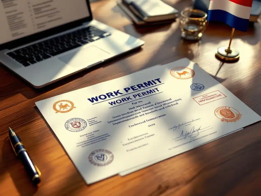 Nederlands werkvergunningsdocument op mahonie bureau met laptop, pen en Nederlandse vlag in professionele setting