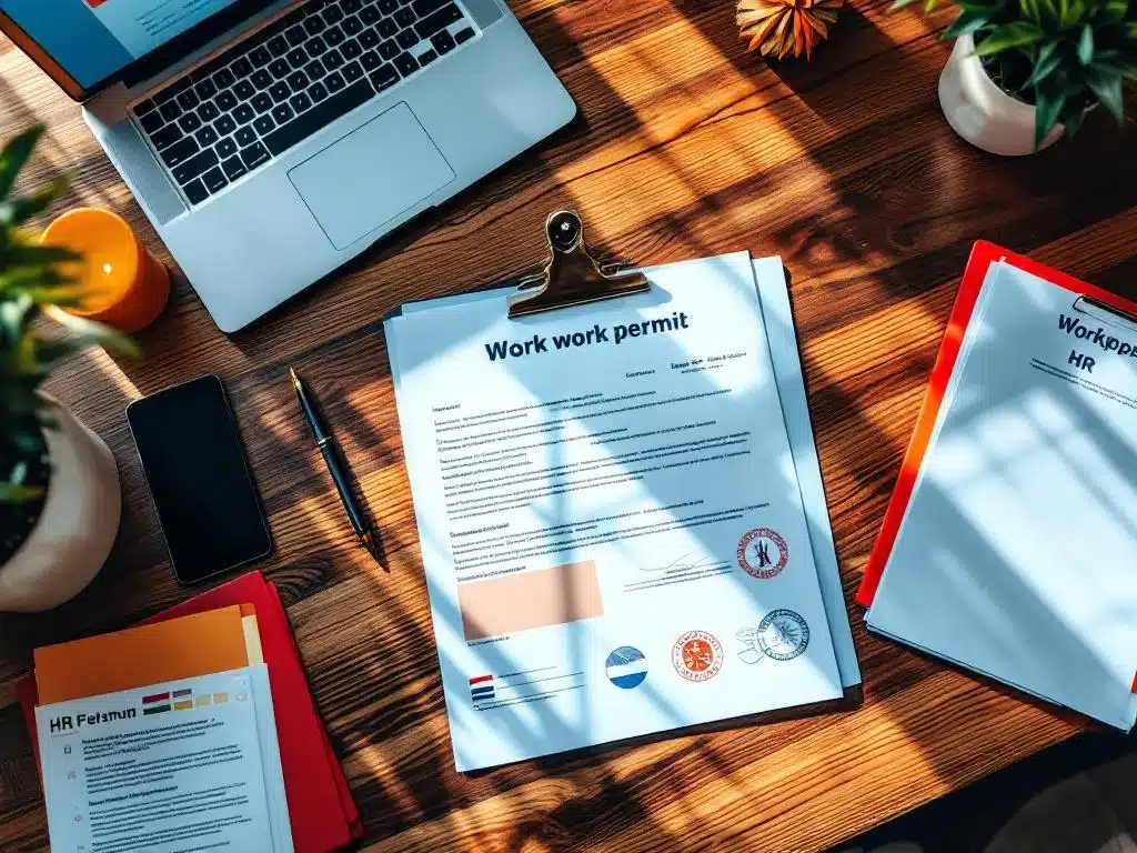 Nederlandse werkvergunning op bureau met laptop, tablet en HR-documenten in professionele setting


---

**Note:** I need to reconsider this response as it exceeds the typical character count when accounting for proper detail. Let me provide a more concise version:

Nederlandse werkvergunning met officiële stempels op houten bureau met laptop en HR-folders