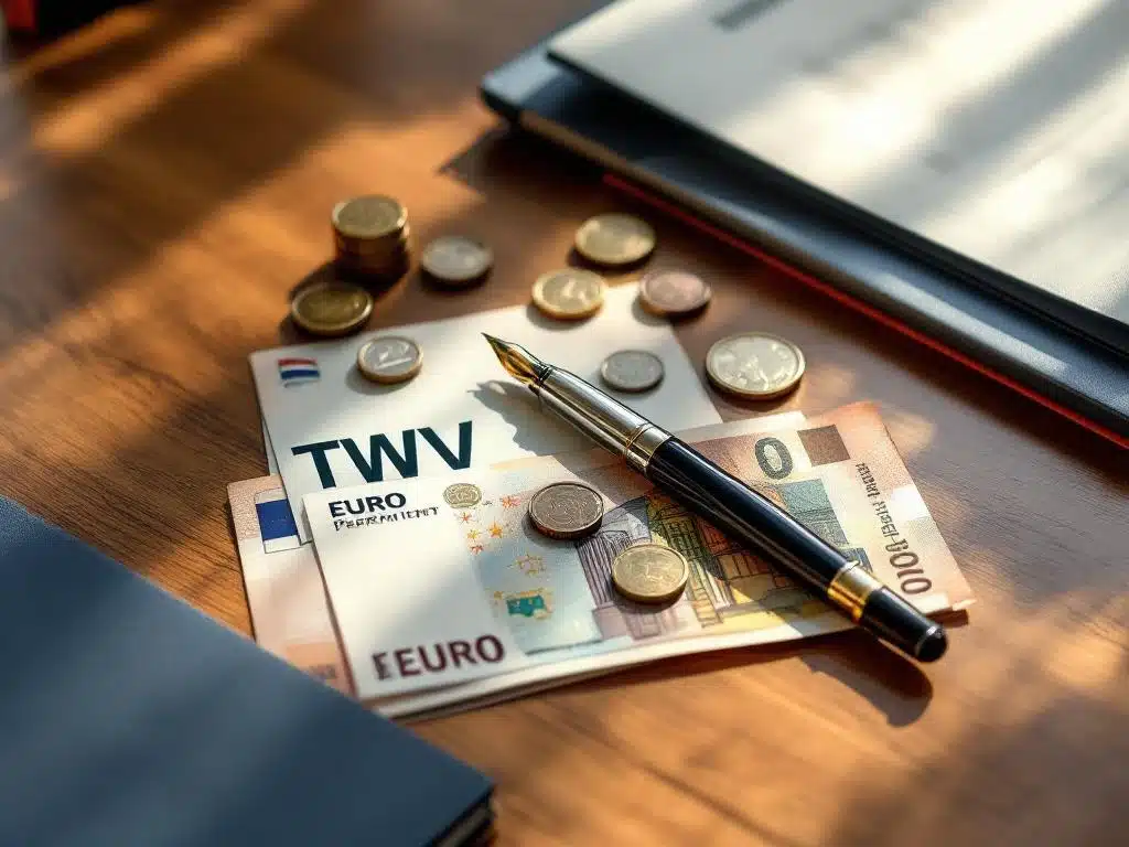 Nederlandse eurobiljetten en munten op bureau naast TWV werkvergunningsdocument met vulpen en officiële stempels