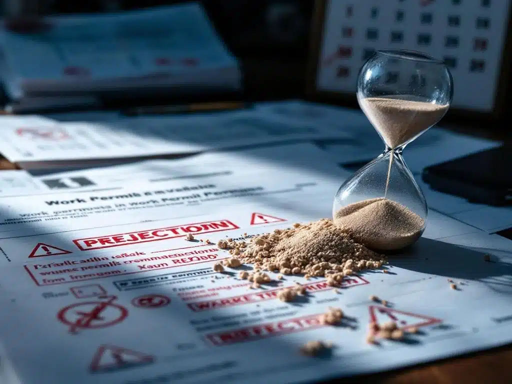 Afgewezen Nederlandse werkvergunningsaanvraag met fouten in rood omcirkeld en omgevallen zandloper op bureau