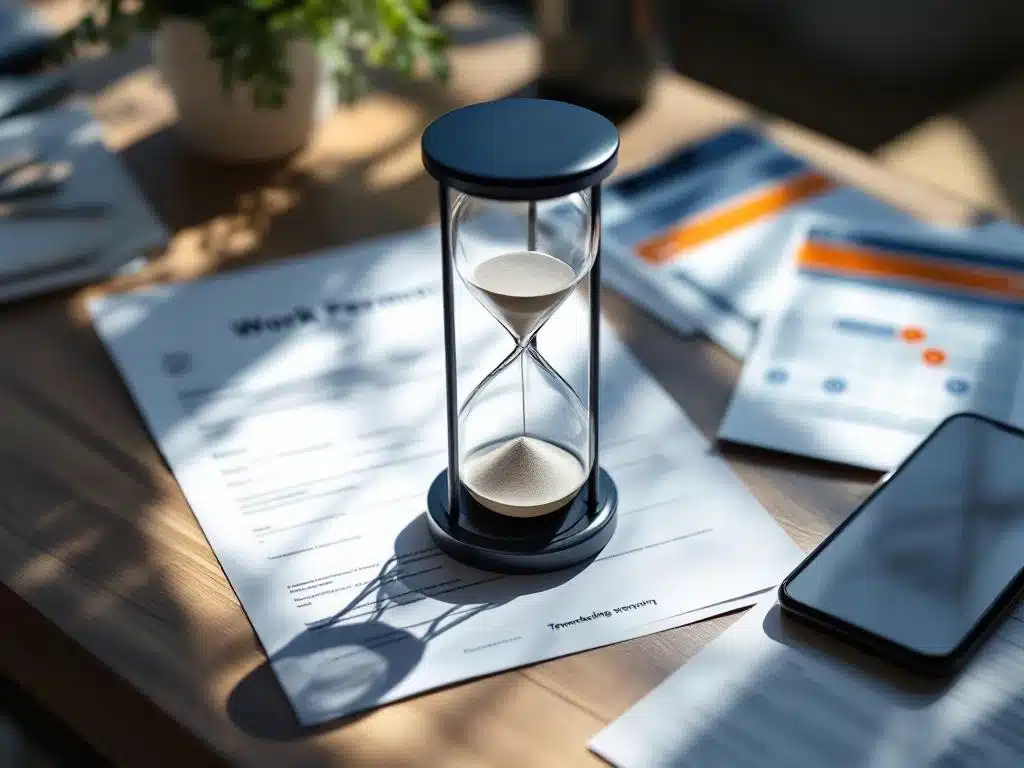 Nederlandse tewerkstellingsvergunning op bureau met zandloper en smartphone met kalender, benadrukt tijdsgevoeligheid