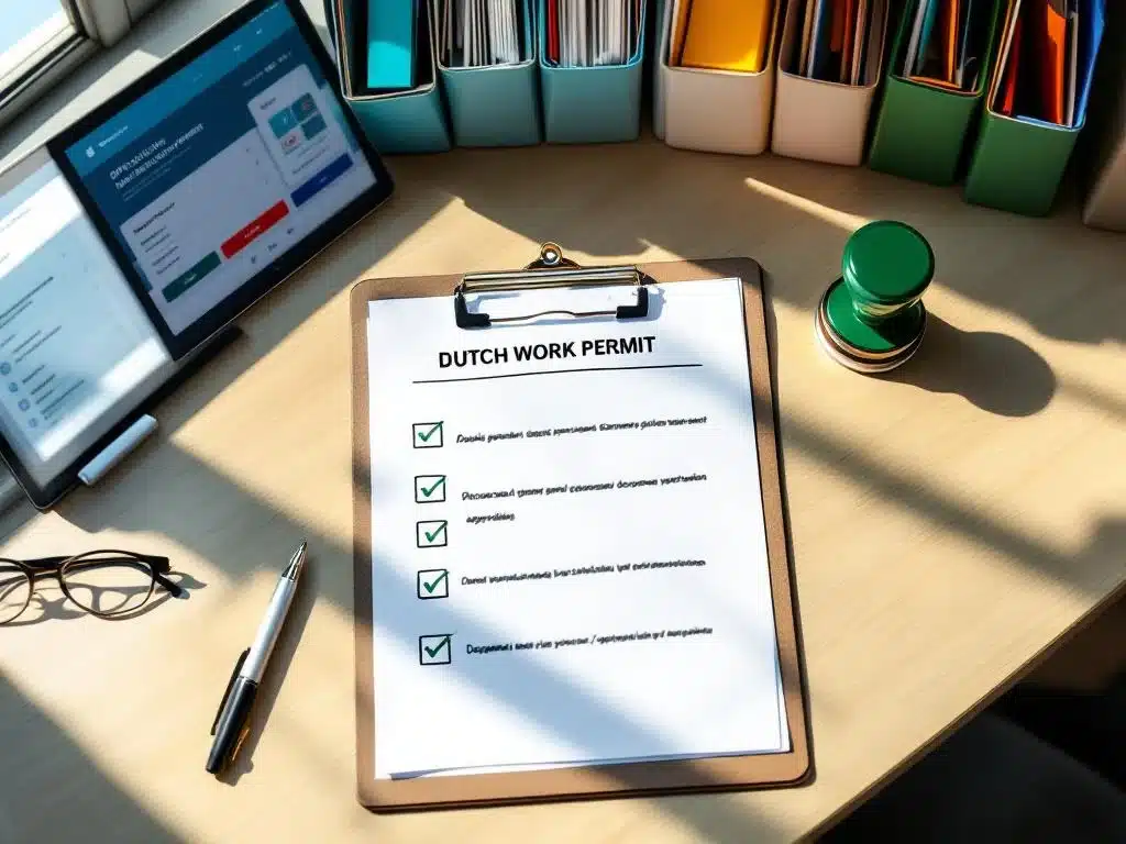 Georganiseerd bureau met Nederlandse werkvergunningsdocumenten, afvinklijst, goedkeuringsstempel en digitale tablet