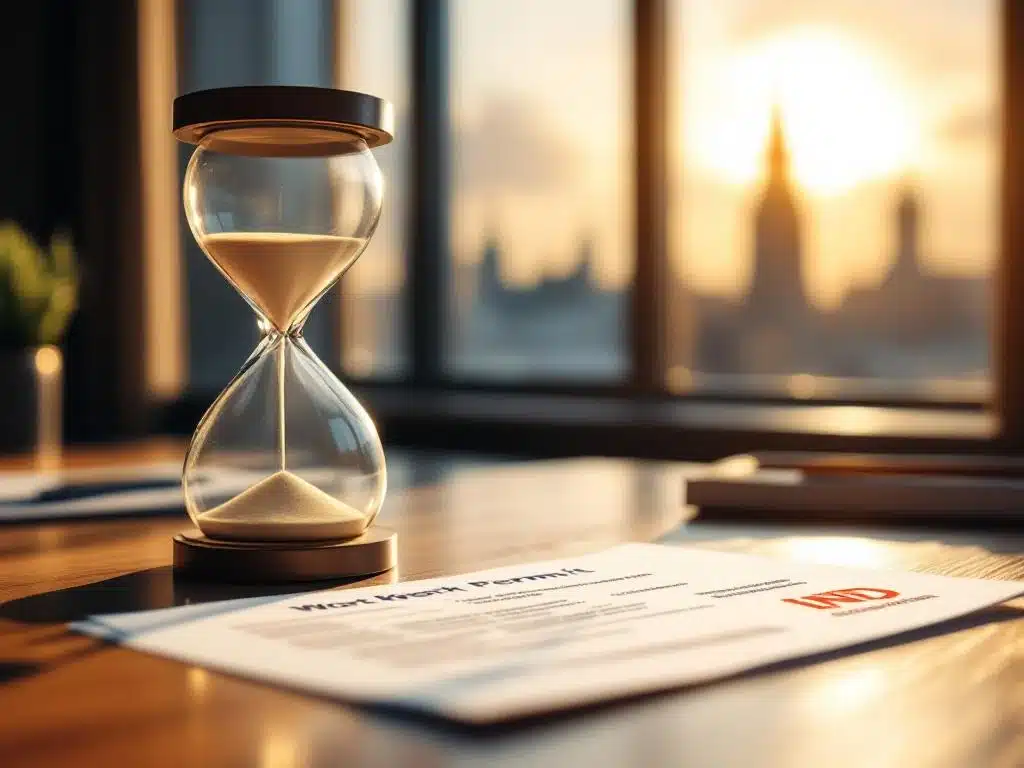 Nederlands werkvergunningsdocument met IND-stempel en zandloper op bureau, symboliseert geldigheidsduur