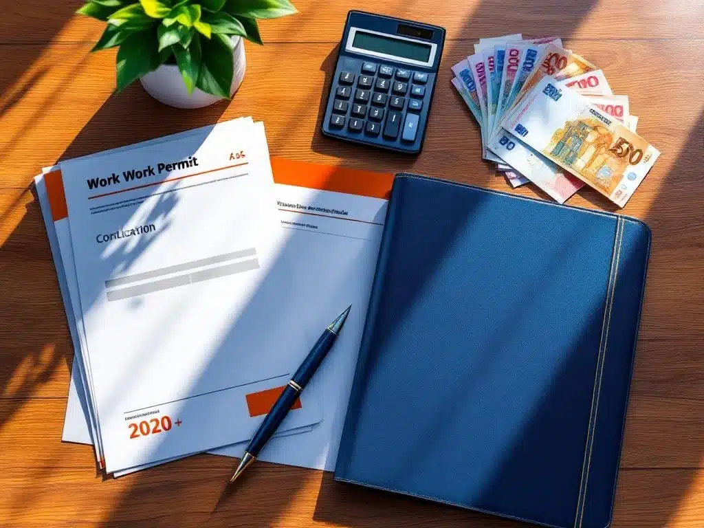 Nederlandse werkvergunningdocumenten met eurobankbiljetten en calculator op houten bureau