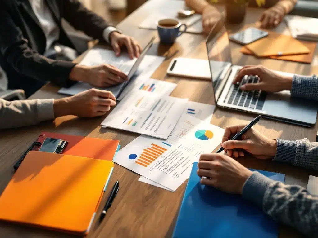 Diverse handen werken samen aan Nederlandse werkvergunningdocumenten op moderne vergadertafel met laptop en mappen