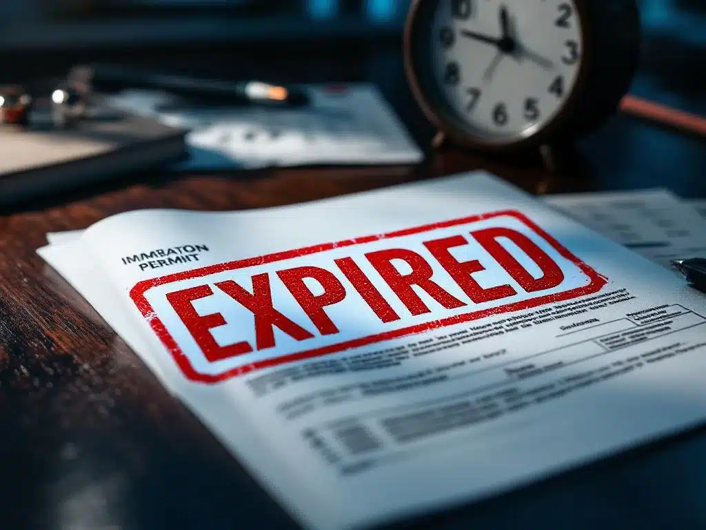 Verlopen werkvergunning met rode stempel op bureau tussen immigratiedocumenten en kalender