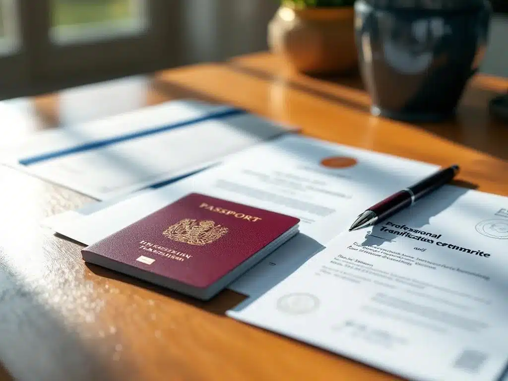 Officiële documenten met stempels, Nederlands werkvergunning, paspoort en vertaalcertificaat op houten bureau