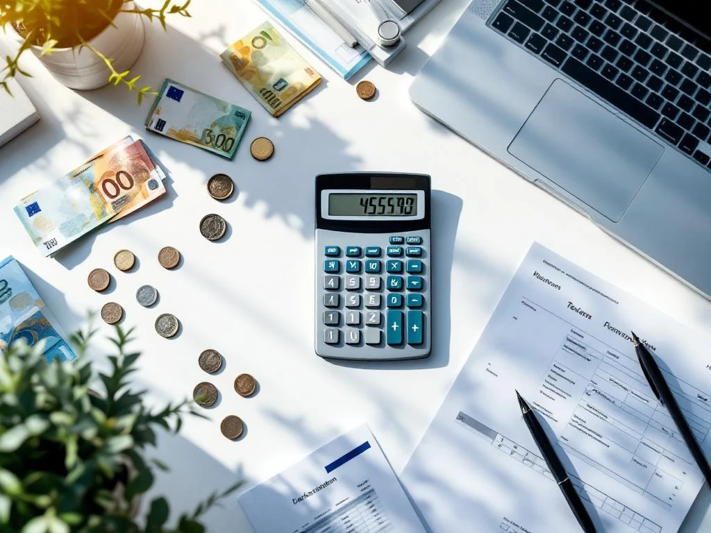 Calculator met Nederlandse belastingformulieren, eurobiljetten en laptop op wit bureau voor belastingvoorbereiding