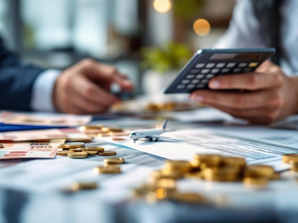 Handen met rekenmachine en Nederlandse belastingformulieren op bureau met euro's en speelgoedvliegtuig voor reisbelasting