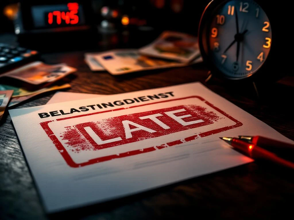 Nederlands belastingdocument met rode "LATE" stempel op bureau, wekker toont na middernacht, euro bankbiljetten zichtbaar