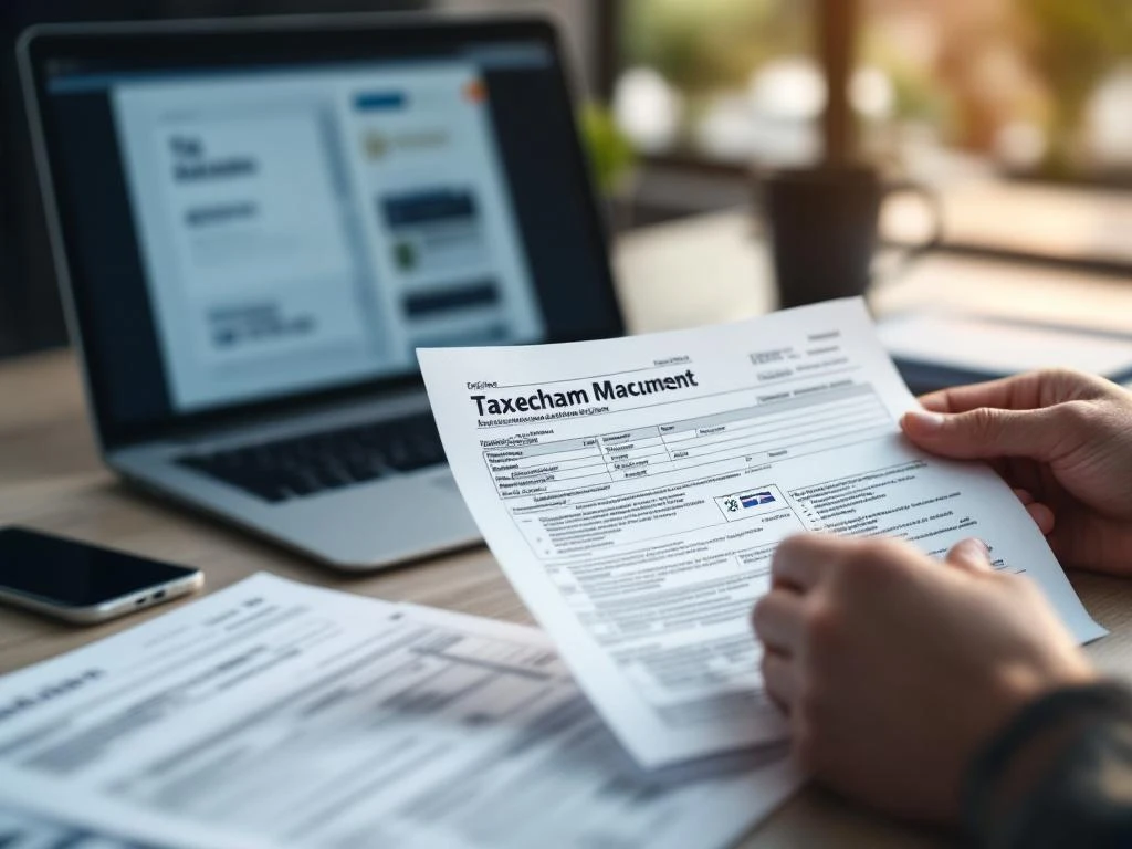 Handen houden Nederlandse belastingformulieren vast op modern bureau met laptop die overheidsportaal toont