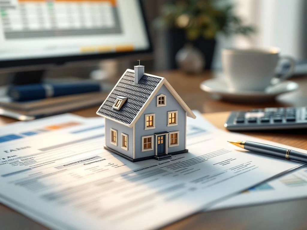 Nederlands huismodel op belastingformulieren met rekenmachine en pen, computer met spreadsheet op achtergrond