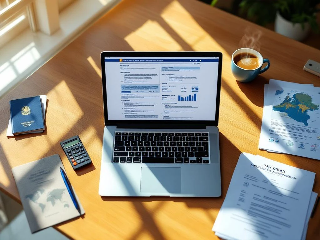 Bureau met laptop met belastingformulieren, Nederlandse overheidsdocumenten, rekenmachine en koffie op houten oppervlak