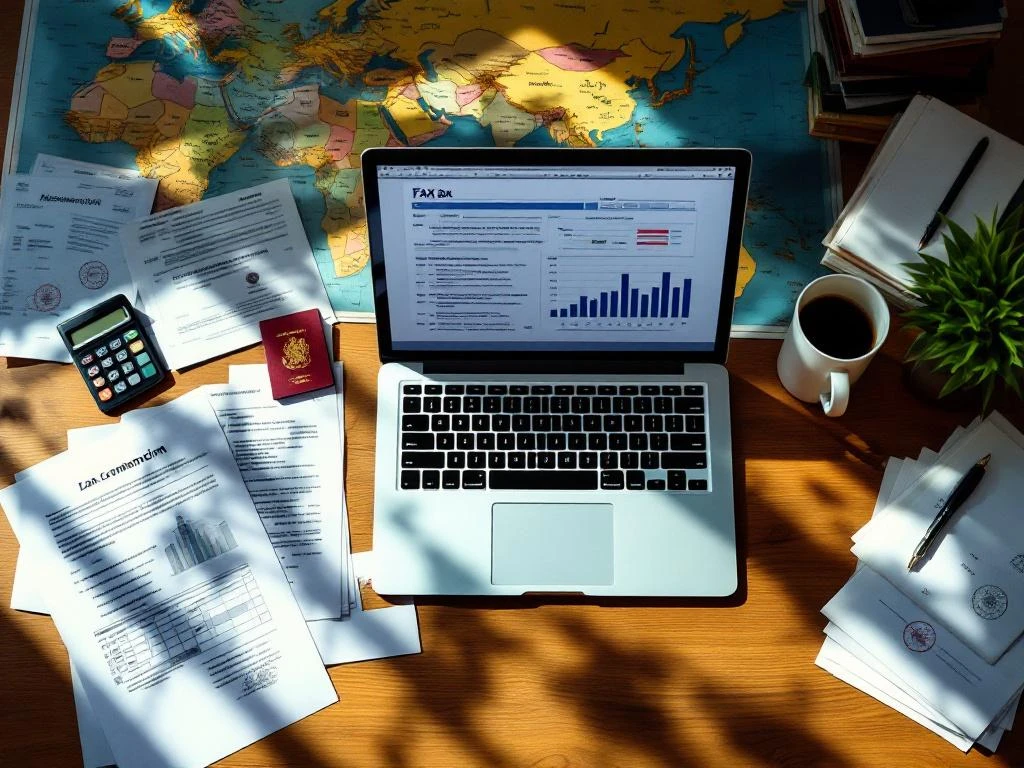 Moderne werkplek met laptop, Nederlandse belastingdocumenten, rekenmachine en internationale paspoorten voor expat belastingadvies