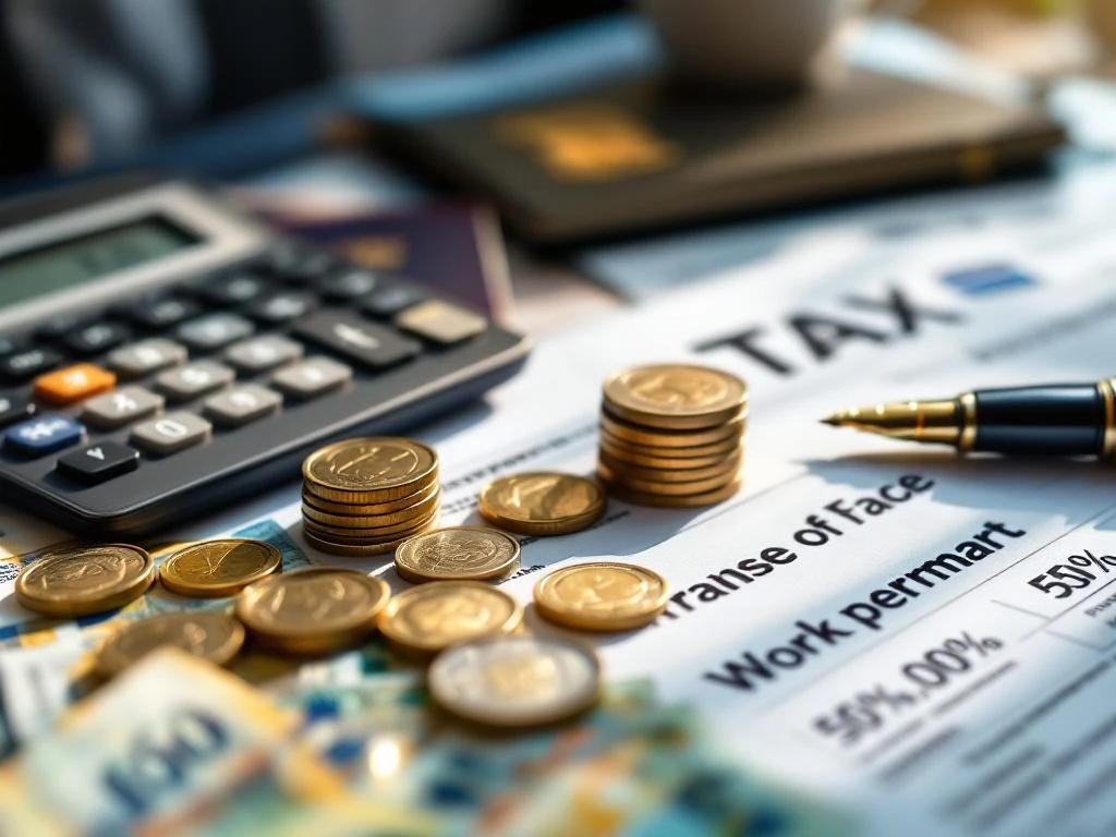 Euro bankbiljetten en munten op bureau naast Nederlandse belastingdocumenten, rekenmachine en vulpen voor financiële diensten