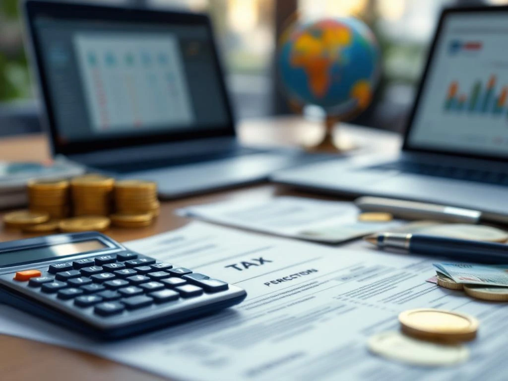 Calculator en Nederlandse belastingformulieren op houten bureau met eurobankbiljetten, munten en laptop met spreadsheet