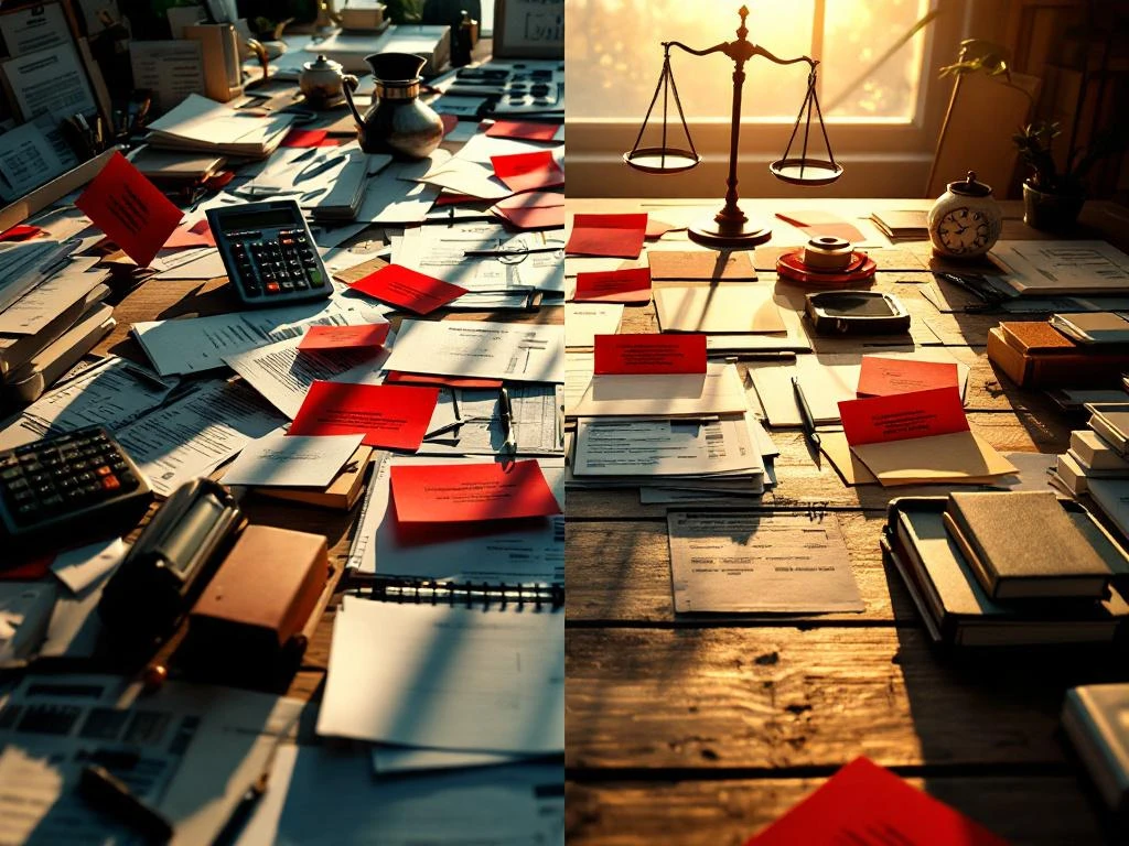 Gesplitst beeld toont rommelig bureau met belastingdocumenten links, georganiseerde werkplek met formulieren rechts