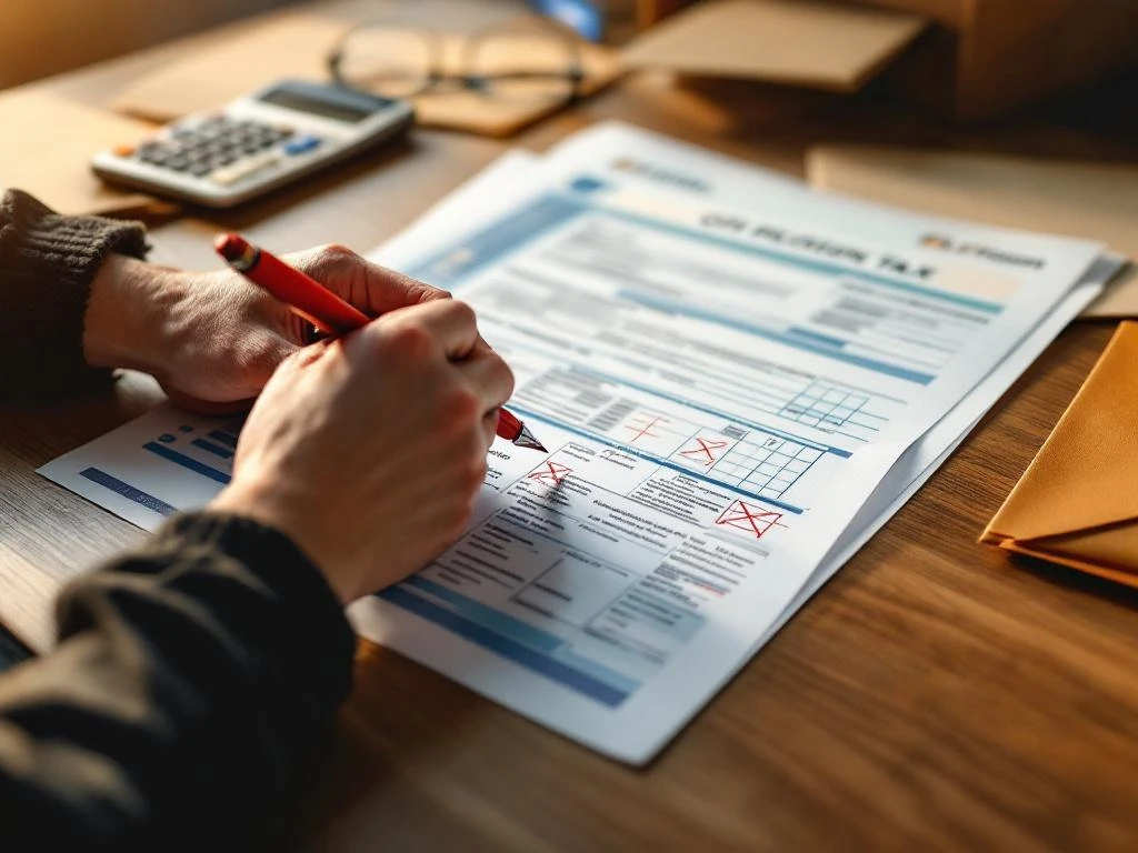 Handen maken correcties met rode pen op Nederlandse belastingformulieren op houten bureau met rekenmachine