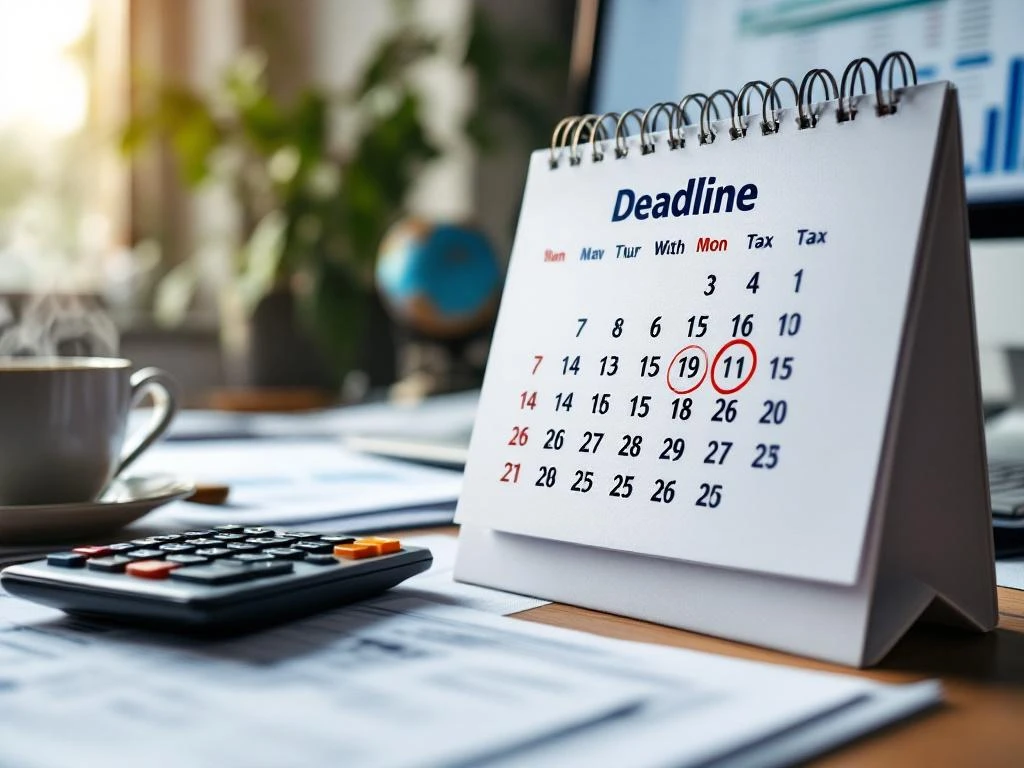 Bureaukalender met rode cirkels rond deadlines, rekenmachine, belastingdocumenten en koffiekop voor belastingvoorbereiding