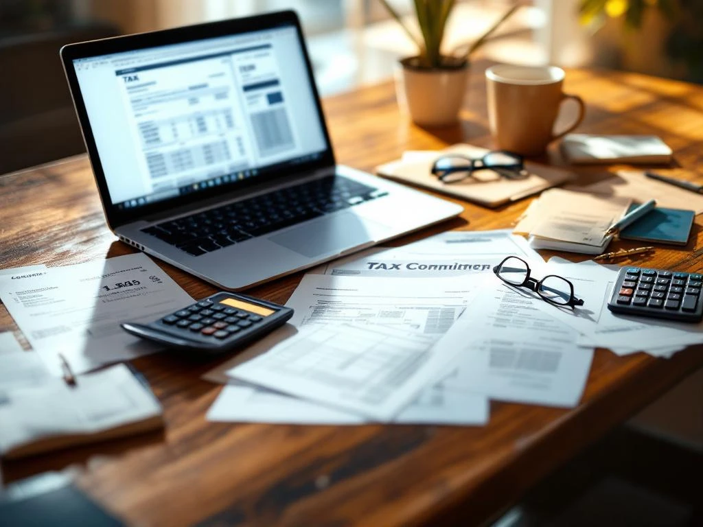 Houten bureau met belastingdocumenten, rekenmachine, laptop met digitaal formulier en koffiekopje in natuurlijk licht