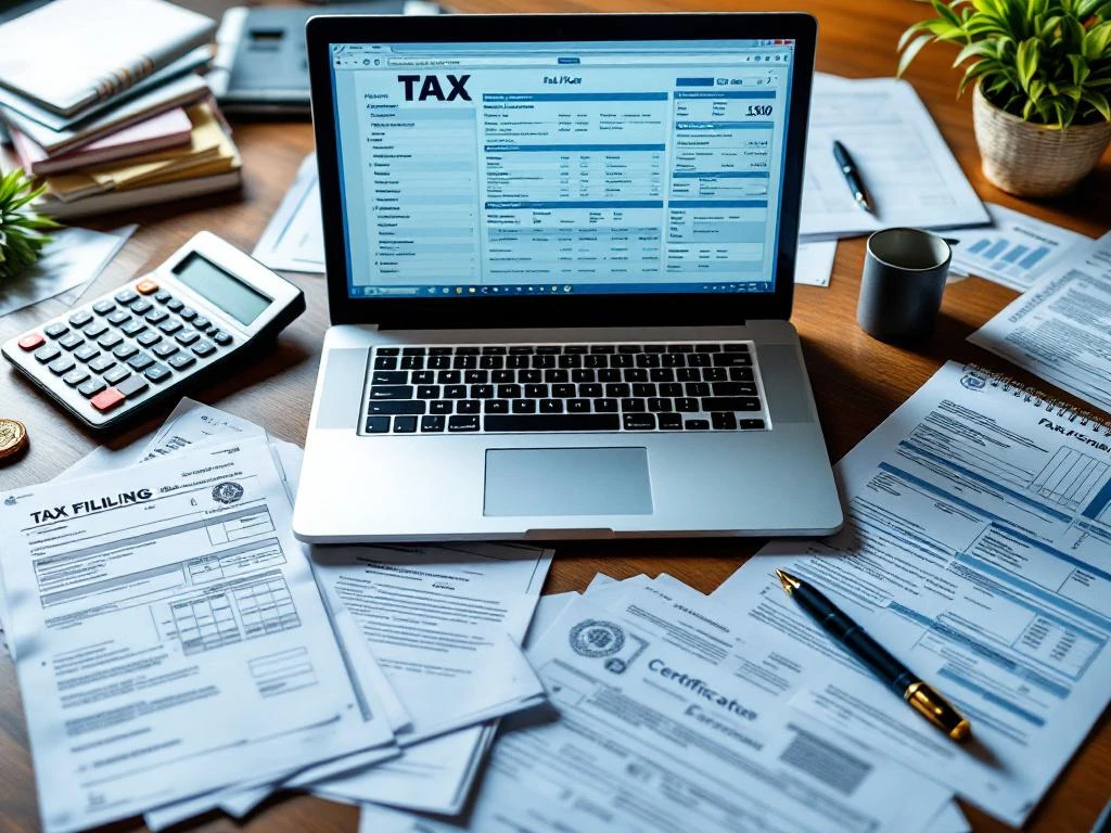 Georganiseerd bureau met belastingdocumenten, laptop met digitale aangifte-interface, rekenmachine en financiële papieren