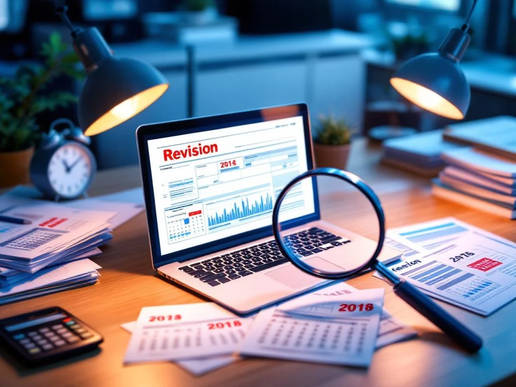 Open laptop met digitaal belastingformulier, vergrootglas over rode deadlines, kalenders en calculator op modern bureau