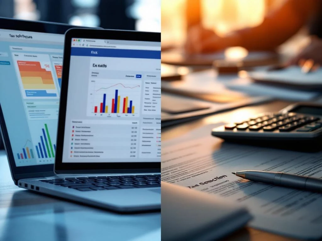 Laptop met belastingsoftware naast professioneel bureau met calculator en documenten, digitaal versus traditioneel