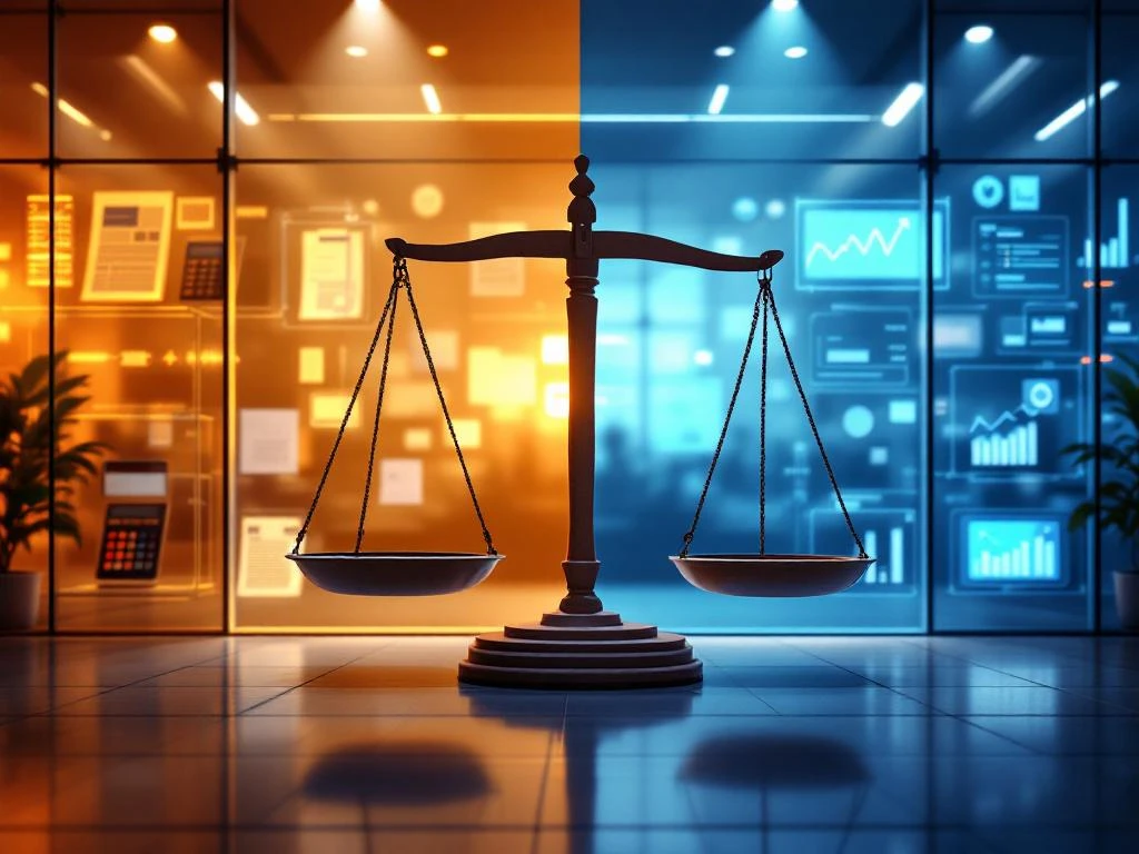 Moderne glazen kantoorgebouw gesplitst tussen traditionele belastingdocumenten en digitaal compliance dashboard met weegschaal