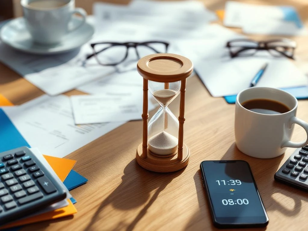 Zandloper op bureau met Nederlandse belastingformulieren, rekenmachine en koffie tijdens expat belastingvoorbereiding