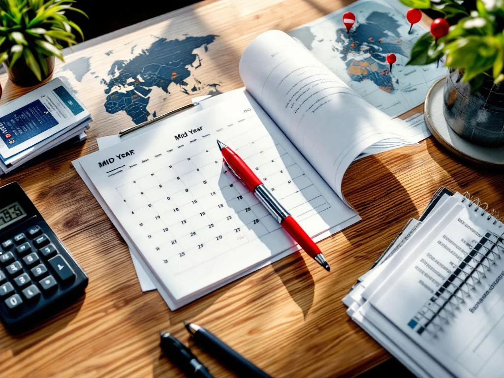 Nederlandse belastingaangifte op bureau met rekenmachine, kalender, documenten en wereldkaart met reisroutes