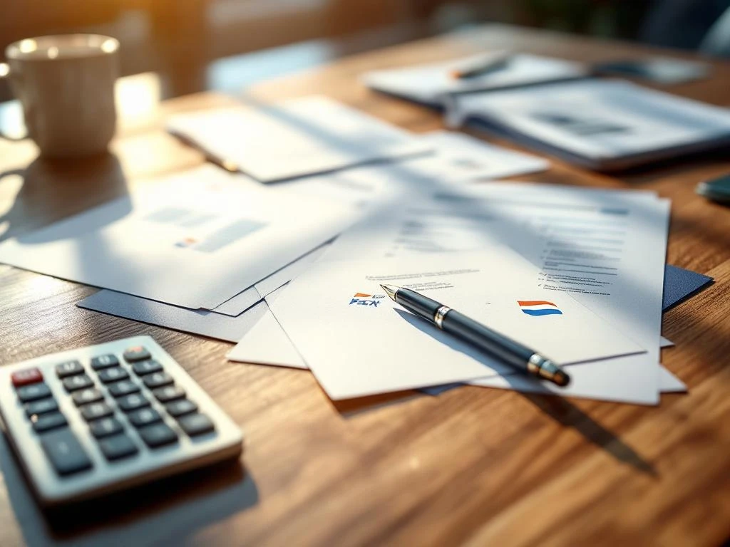 Nederlandse belastingformulieren op houten bureau met rekenmachine en pen, verlicht door natuurlijk licht