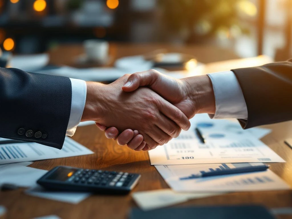 Twee handen in pak schudden elkaar boven bureau met Nederlandse belastingformulieren en rekenmachine