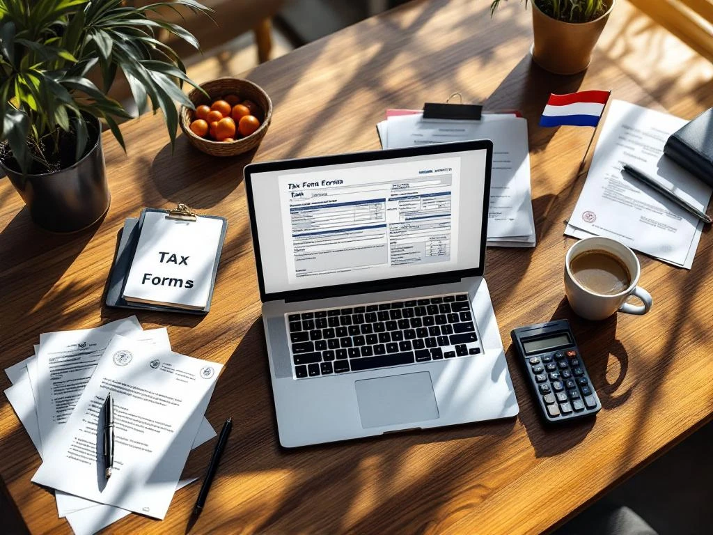 Nederlandse belastingadviseur bureau met laptop, belastingformulieren, koffie en Nederlandse vlag op houten tafel