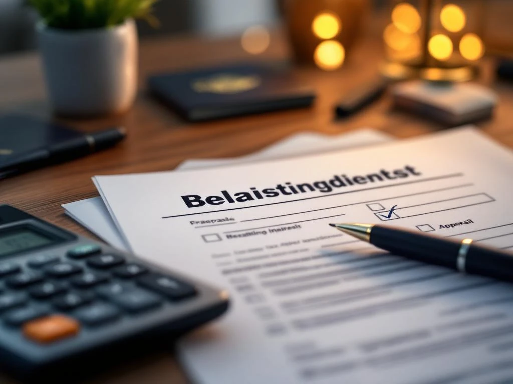 Nederlandse belastingdocumenten van Belastingdienst op houten bureau met pen, rekenmachine en bezwaarformulier