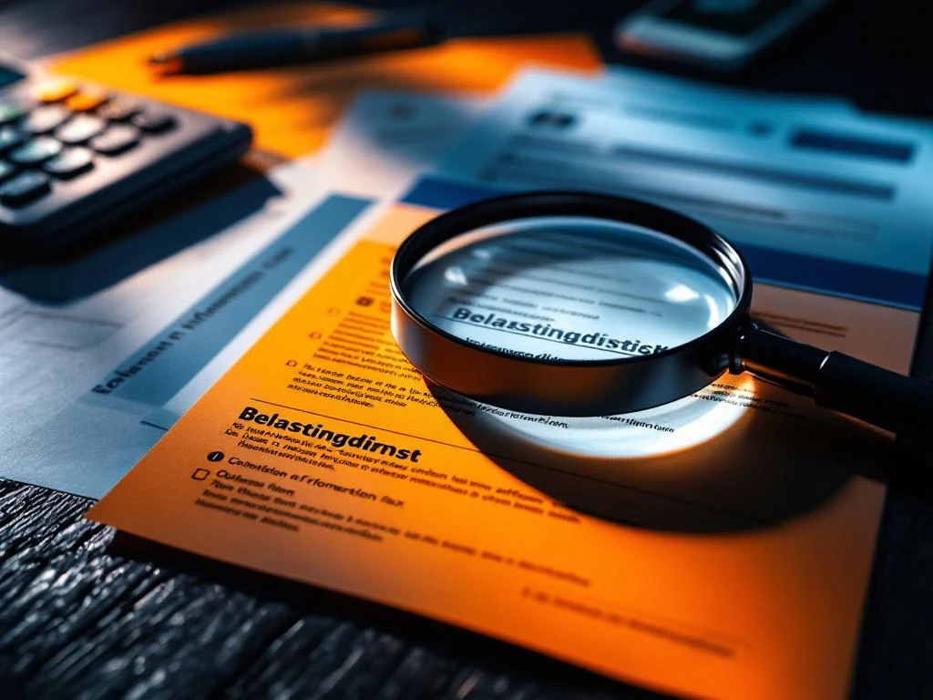 Nederlandse belastingdocumenten met Belastingdienst briefhoofd op bureau met vergrootglas, rekenmachine en pen