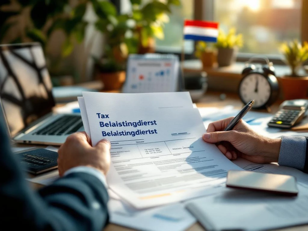 Handen houden Nederlandse belastingdocumenten van Belastingdienst vast op bureau met laptop, rekenmachine en kalender