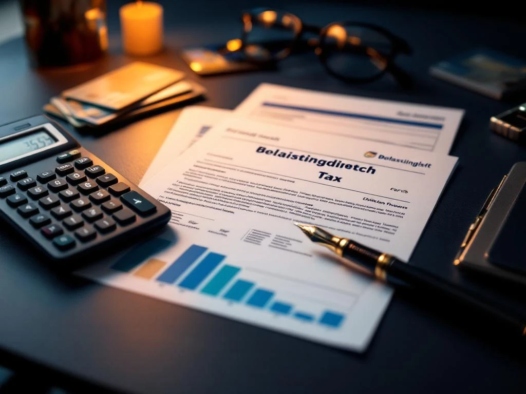 Nederlandse belastingformulieren op bureau met rekenmachine, vulpen en internationale bankkaarten op achtergrond
