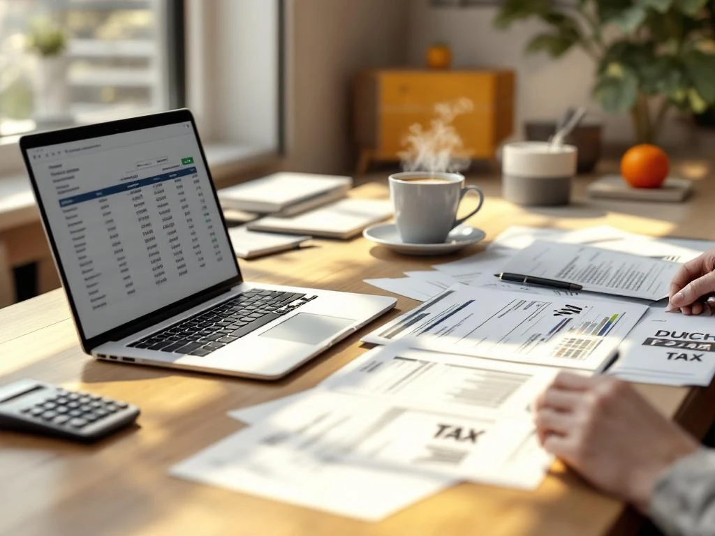 Houten bureau met Nederlandse belastingformulieren, laptop met spreadsheet, koffiekop en rekenmachine in natuurlijk licht