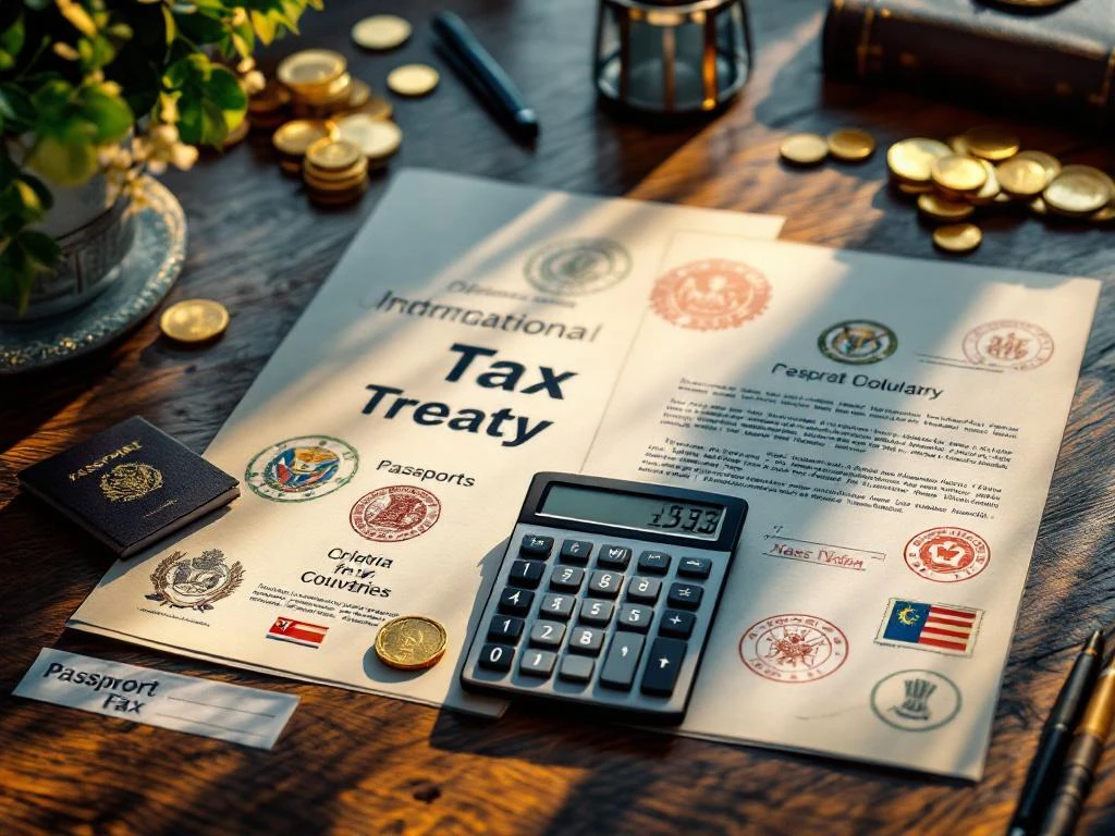 Luchtfoto van houten bureau met belastingverdragen, rekenmachine, gouden munten en officiële documenten met stempels