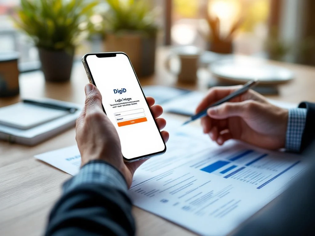 Handen houden smartphone met DigiD login-interface boven Nederlandse belastingformulieren op houten bureau