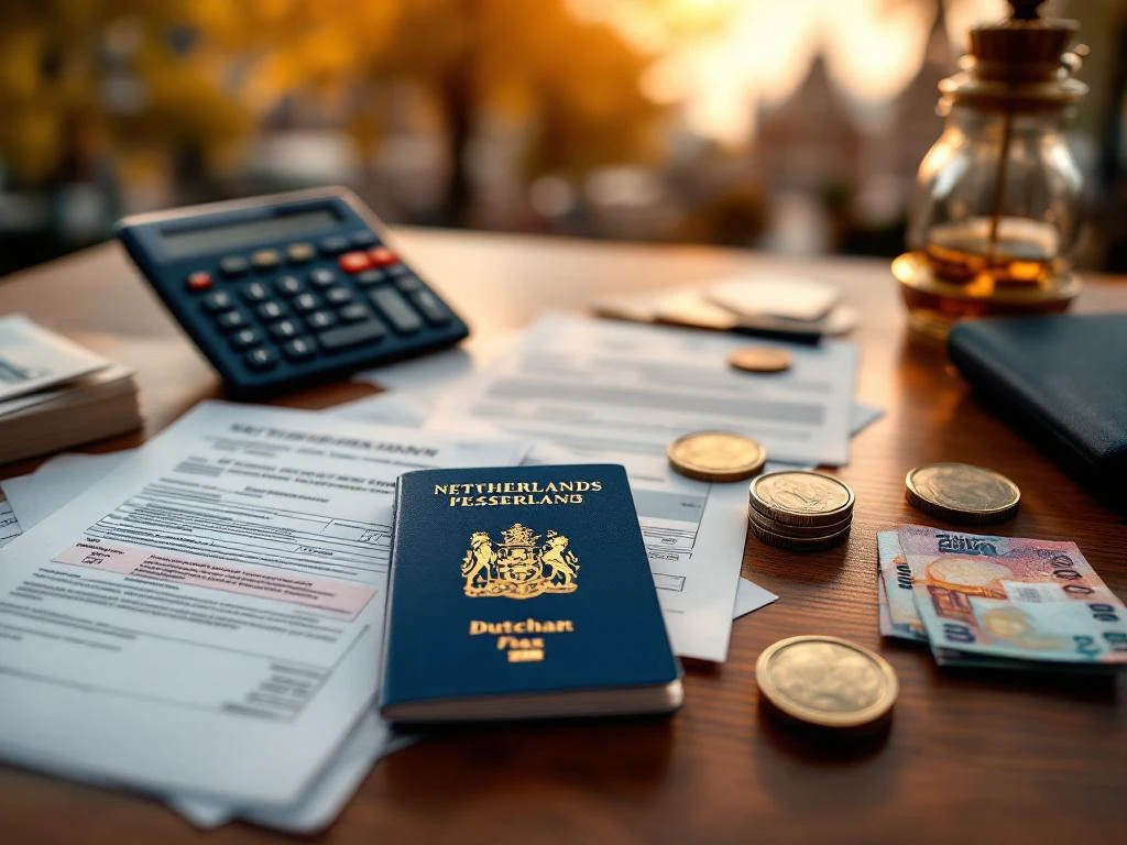 Nederlandse belastingdocumenten met calculator, eurobankbiljetten en paspoort op houten bureau met Amsterdam op achtergrond
