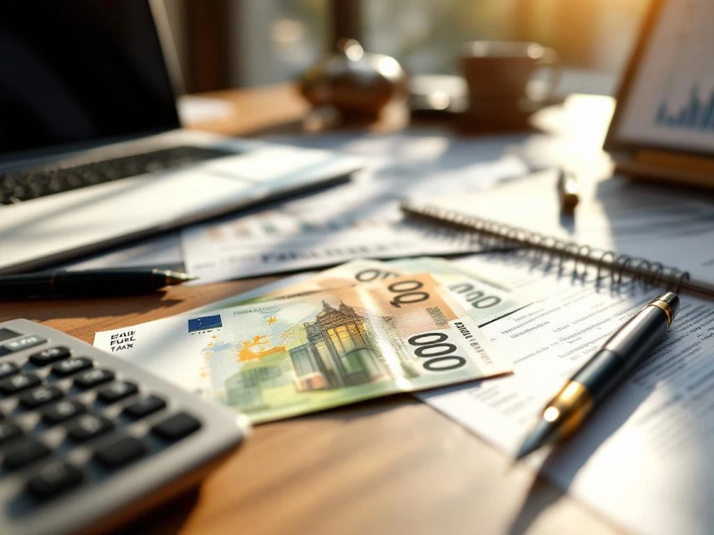 Euro bankbiljetten en Nederlandse belastingformulieren op houten bureau met calculator en laptop in zachte focus