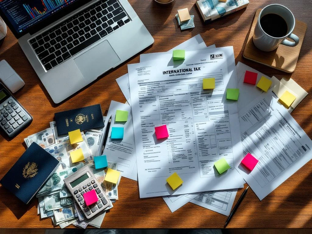 Houten bureau met internationale belastingdocumenten, paspoorten, rekenmachine, laptop en koffie van bovenaf gefotografeerd