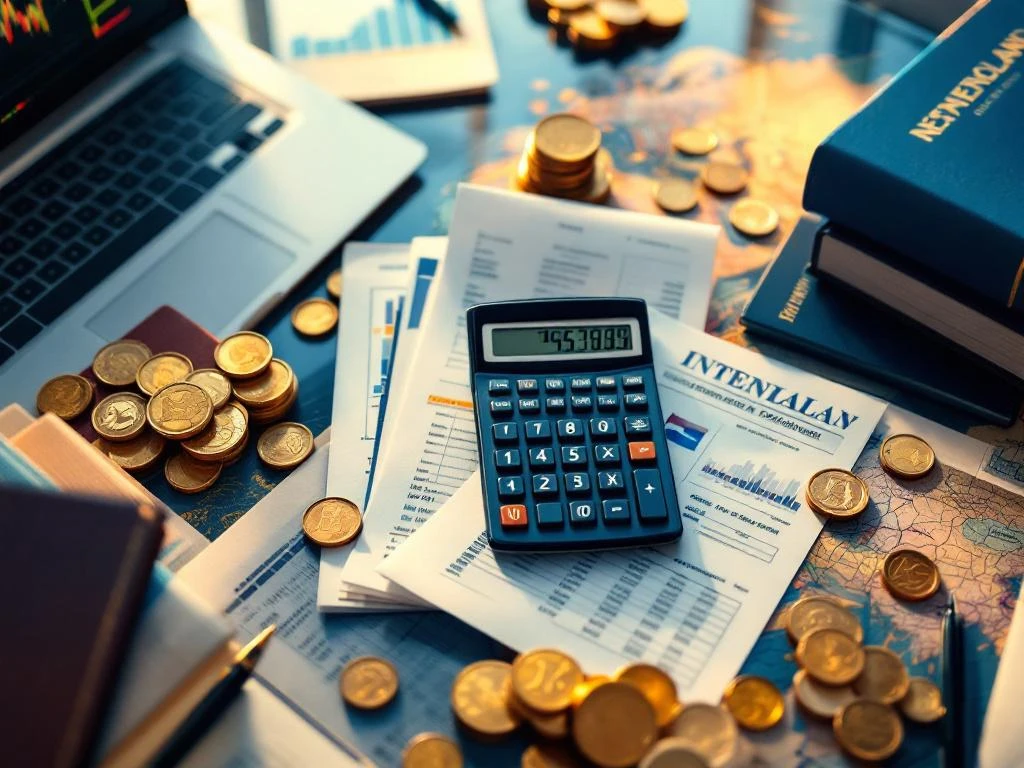 Moderne glazen bureau met internationale belastingdocumenten, calculator met euro's, laptop met grafieken en wereldkaart