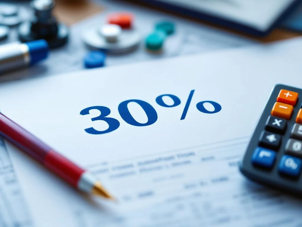 Belastingformulier met 30% percentage, Nederlandse vlag-pen, rekenmachine en officiële stempels op bureau