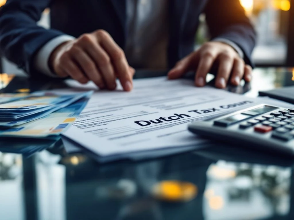 Professionele handen wijzen naar Nederlandse belastingformulieren op bureau met rekenmachine en eurobiljetten