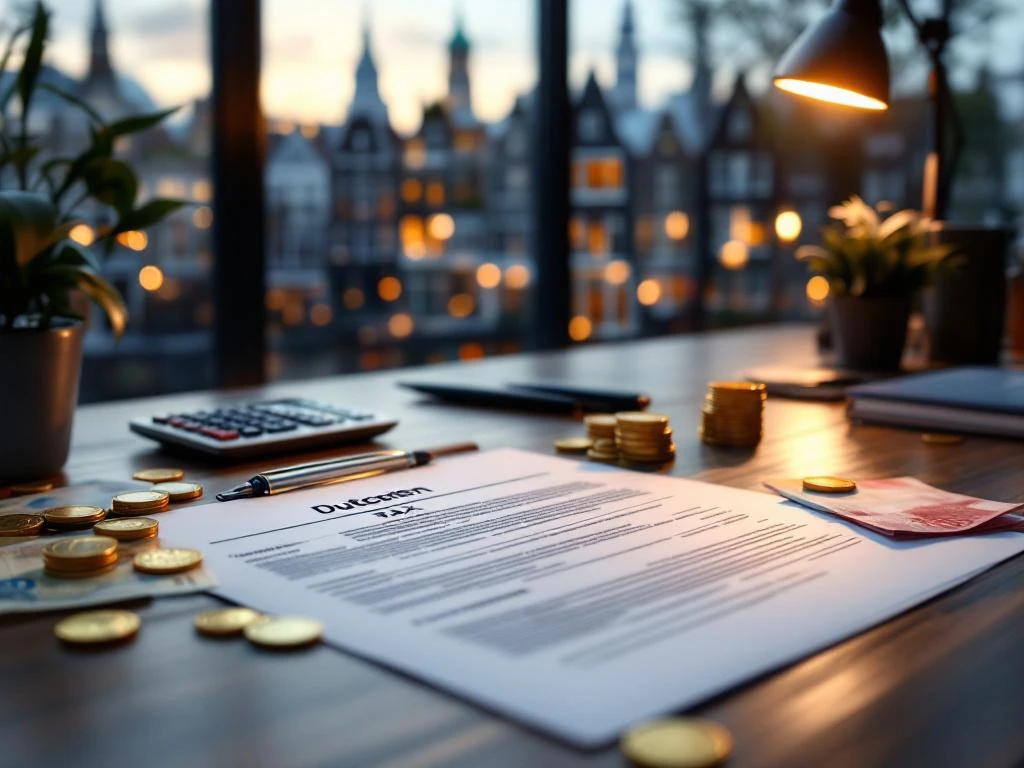 Nederlandse belastingdocument op houten bureau met eurobiljetten, munten en calculator, Amsterdam skyline op achtergrond