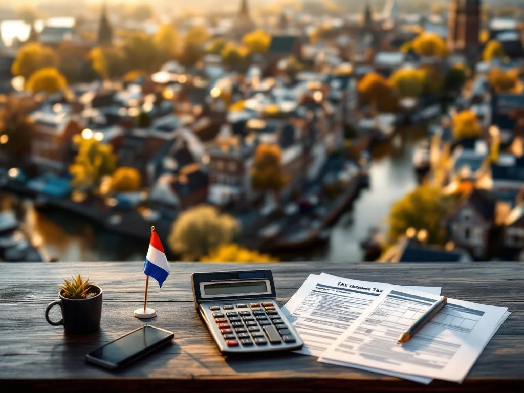 Hollandse belastingdocumenten op bureau met Amsterdamse grachtenhuizen op achtergrond in gouden zonlicht